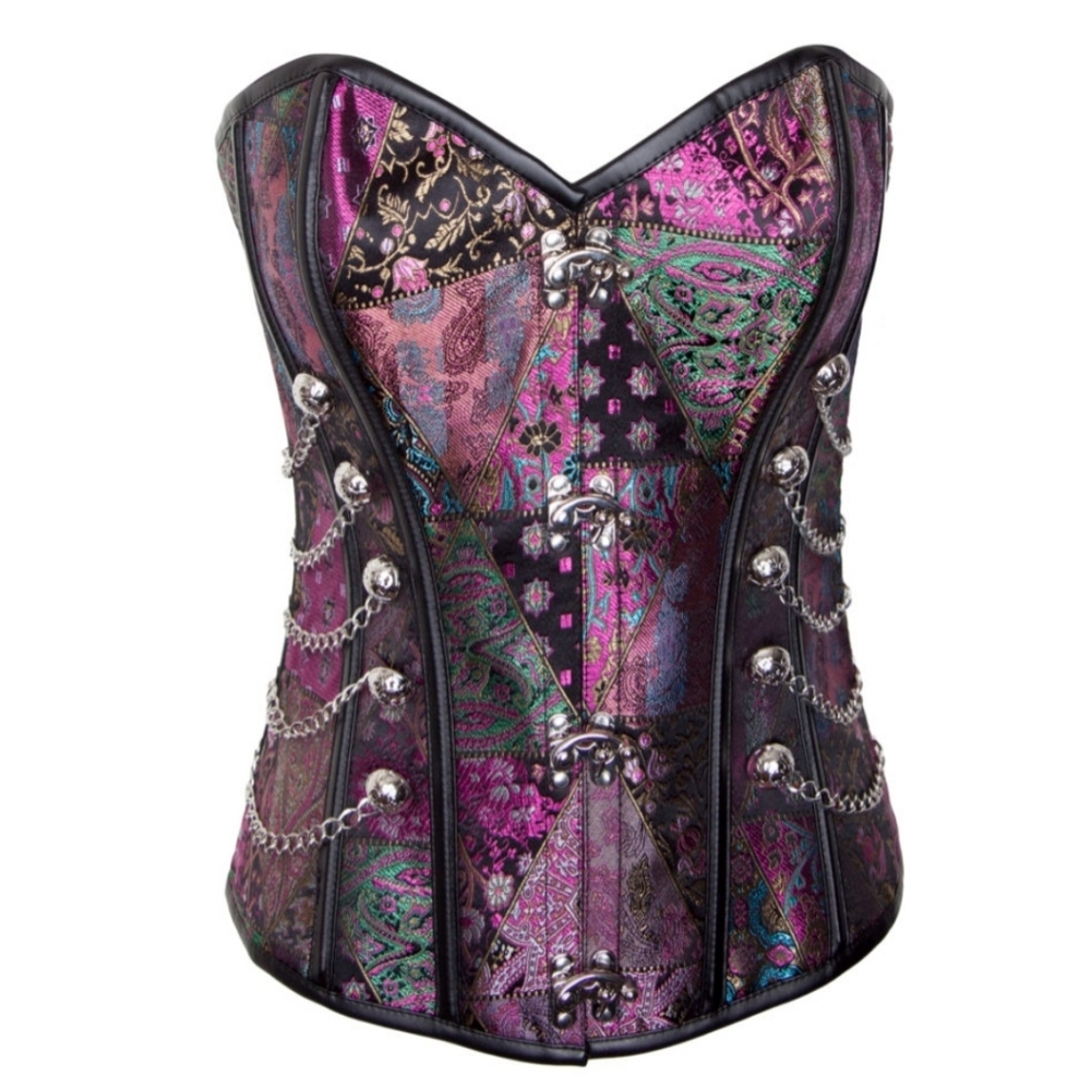 Gothic Victorian Corset – Steampunk Patchwork Bustier with Chains